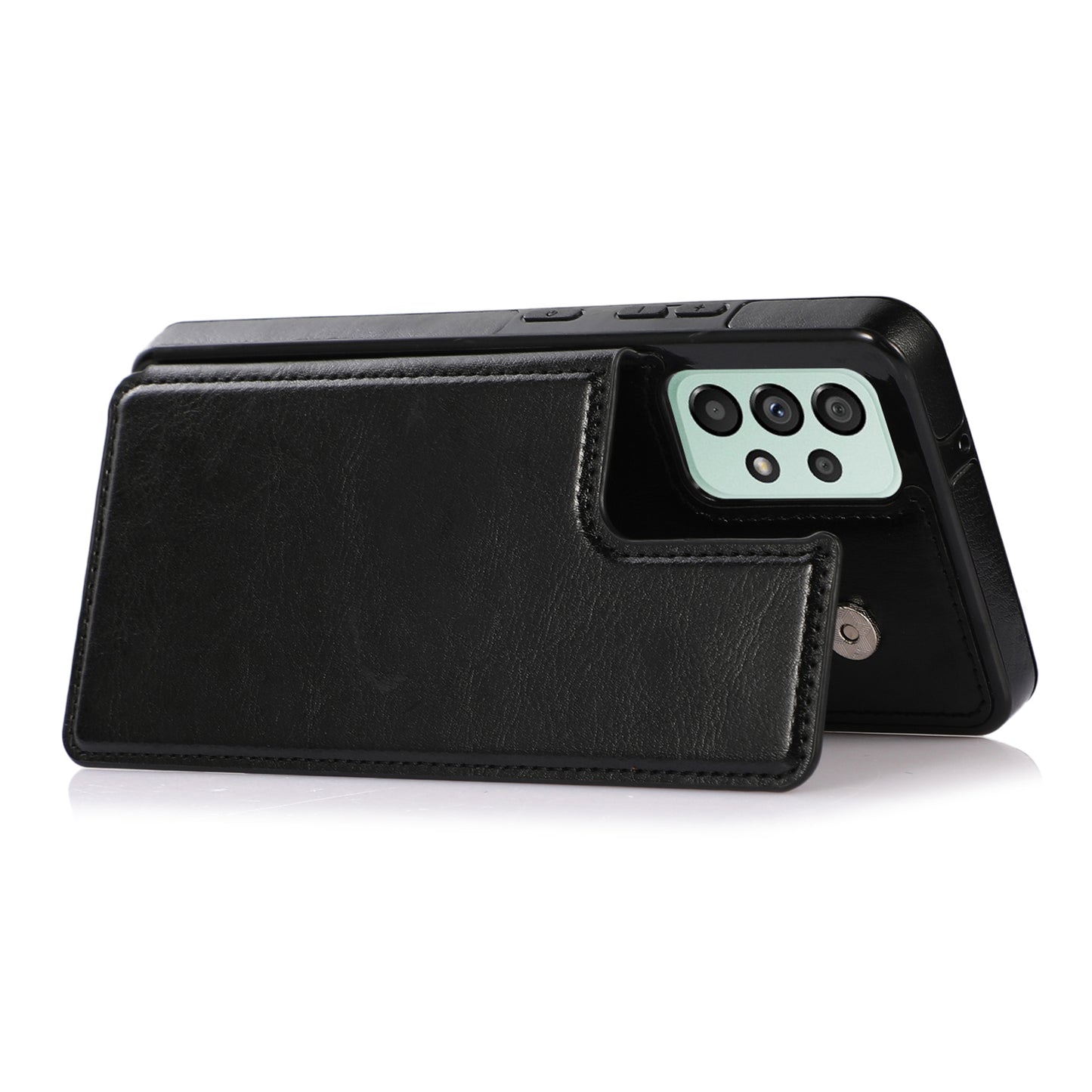 For Samsung Galaxy A73 5G Dual Buttons Card Holder Kickstand Smartphone Cover PU Leather Coated TPU Phone Case