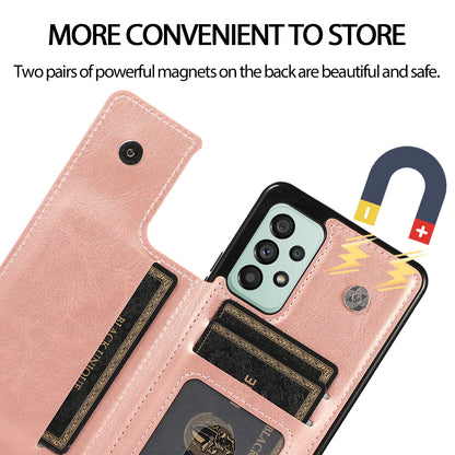 For Samsung Galaxy A73 5G Dual Buttons Card Holder Kickstand Smartphone Cover PU Leather Coated TPU Phone Case