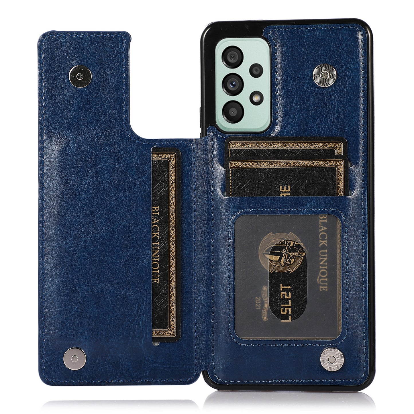 For Samsung Galaxy A73 5G Dual Buttons Card Holder Kickstand Smartphone Cover PU Leather Coated TPU Phone Case