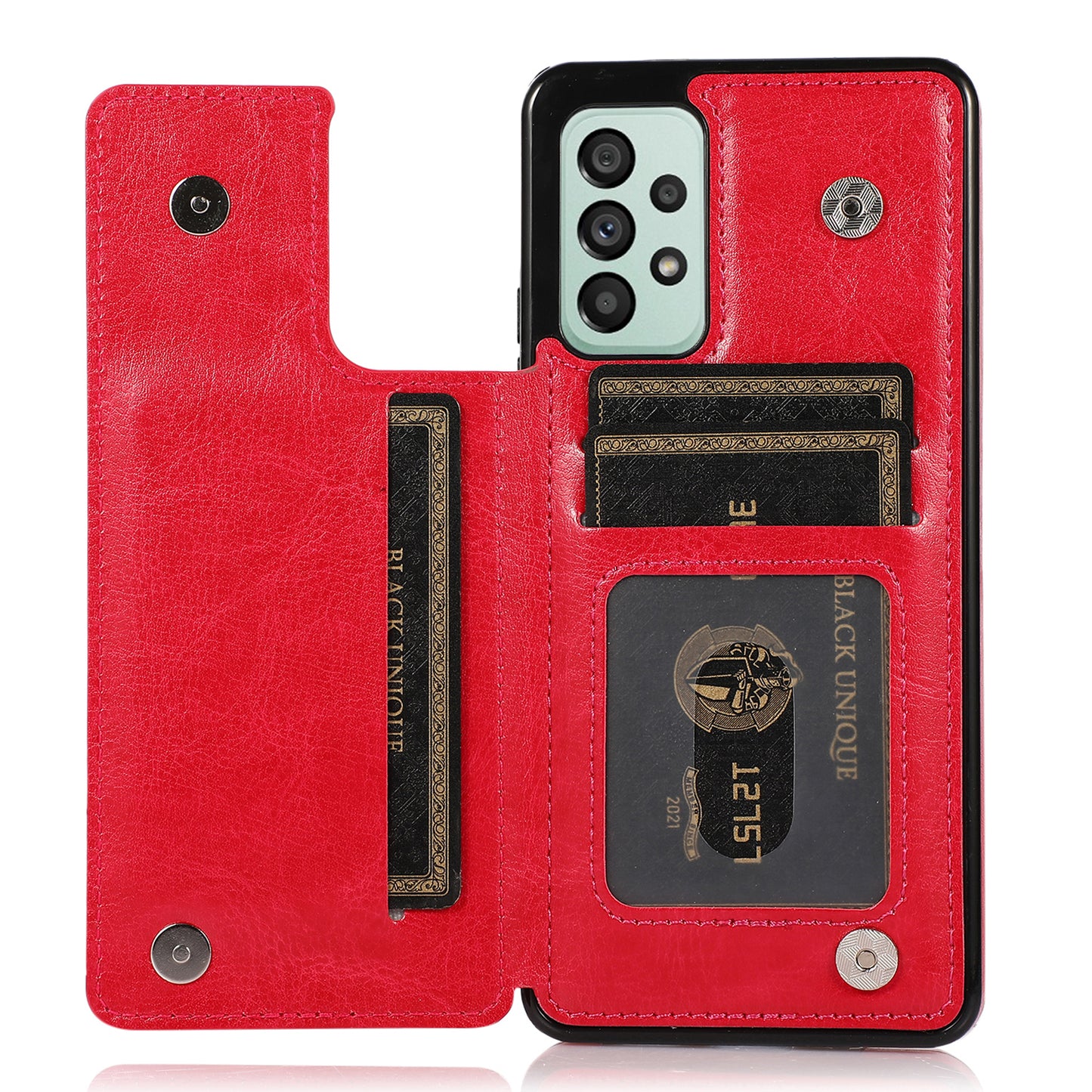 For Samsung Galaxy A73 5G Dual Buttons Card Holder Kickstand Smartphone Cover PU Leather Coated TPU Phone Case