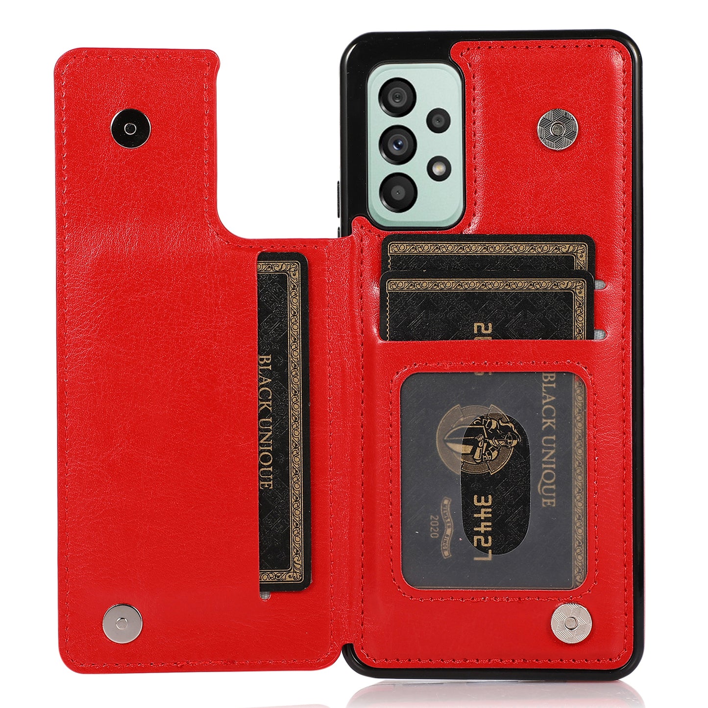 For Samsung Galaxy A73 5G Dual Buttons Card Holder Kickstand Smartphone Cover PU Leather Coated TPU Phone Case