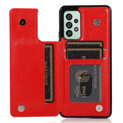 For Samsung Galaxy A73 5G Dual Buttons Card Holder Kickstand Smartphone Cover PU Leather Coated TPU Phone Case