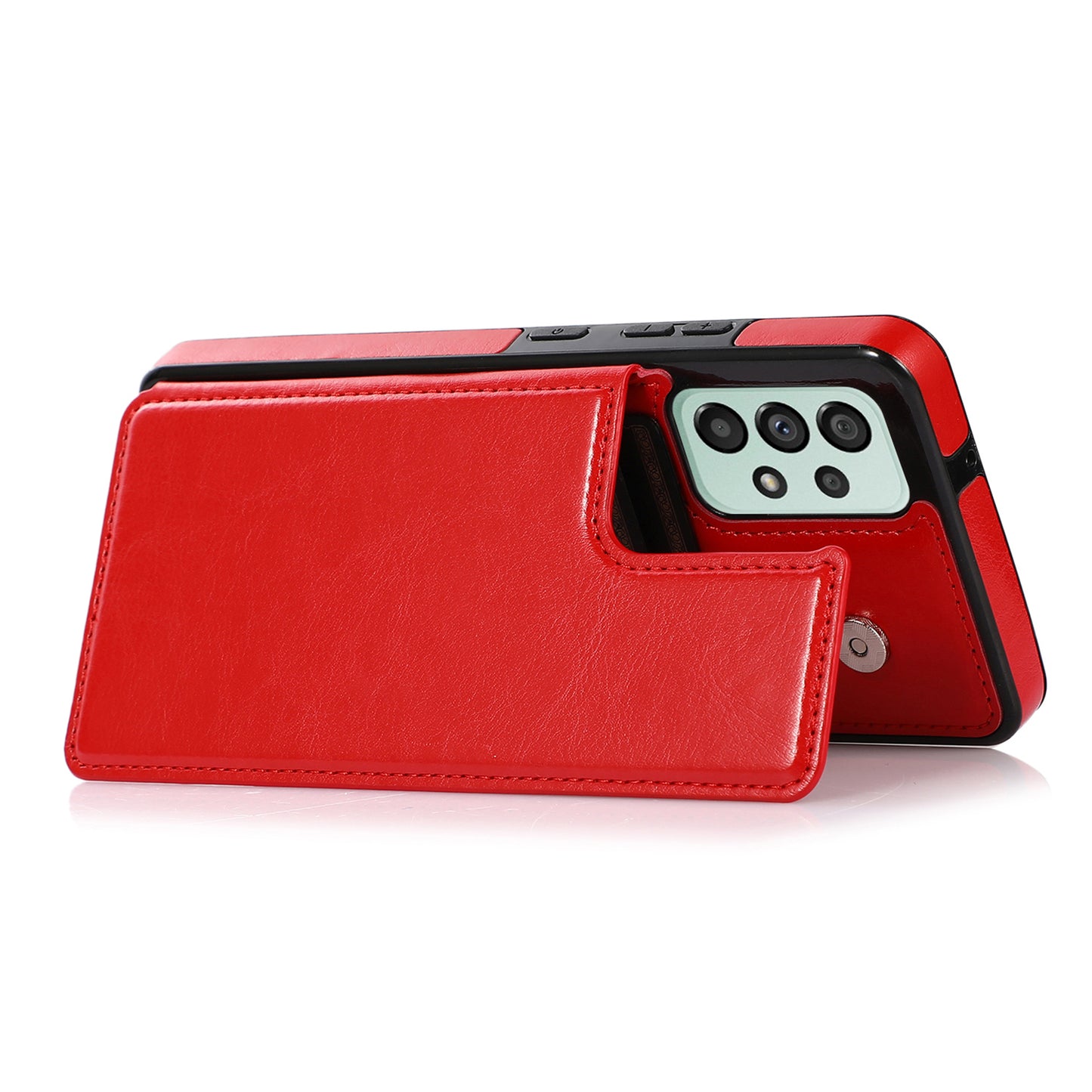 For Samsung Galaxy A73 5G Dual Buttons Card Holder Kickstand Smartphone Cover PU Leather Coated TPU Phone Case