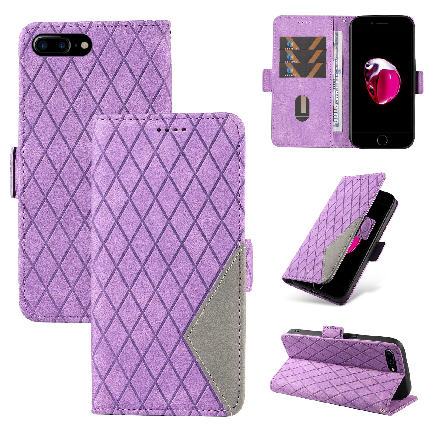 For iPhone 6 Plus / 6s Plus / 7 Plus / 8 Plus 5.5 inch Stand Cover Color Splicing Rhombus Imprinted Phone Leather Wallet Case