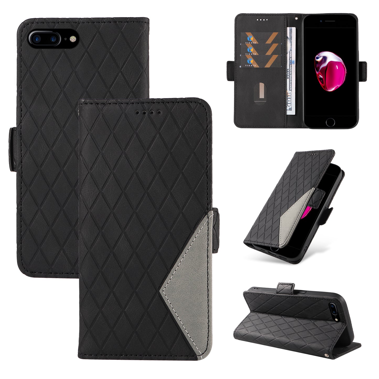 For iPhone 6 Plus / 6s Plus / 7 Plus / 8 Plus 5.5 inch Stand Cover Color Splicing Rhombus Imprinted Phone Leather Wallet Case