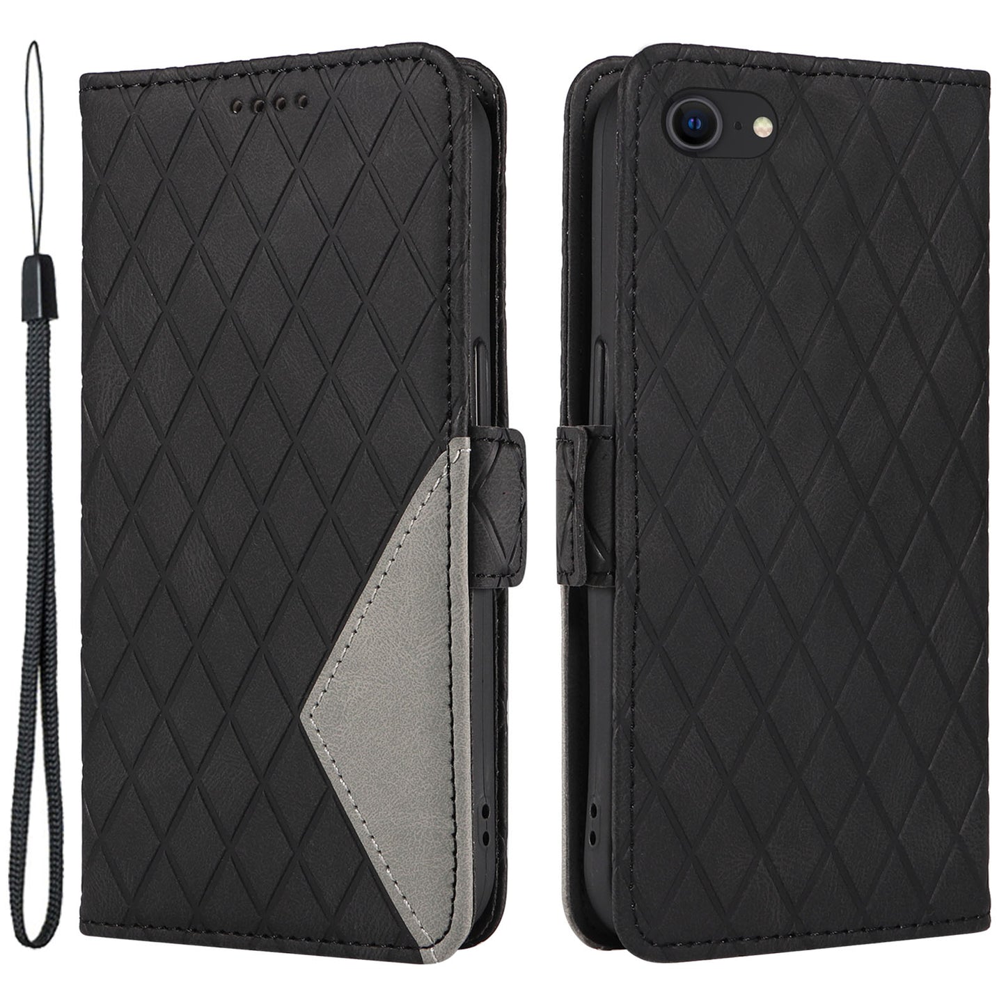 For iPhone 6 / 6s / 7 / 8 / SE (2020) / SE (2022) Rhombus Imprinted Stand Cover Color Splicing Phone Leather Wallet Case