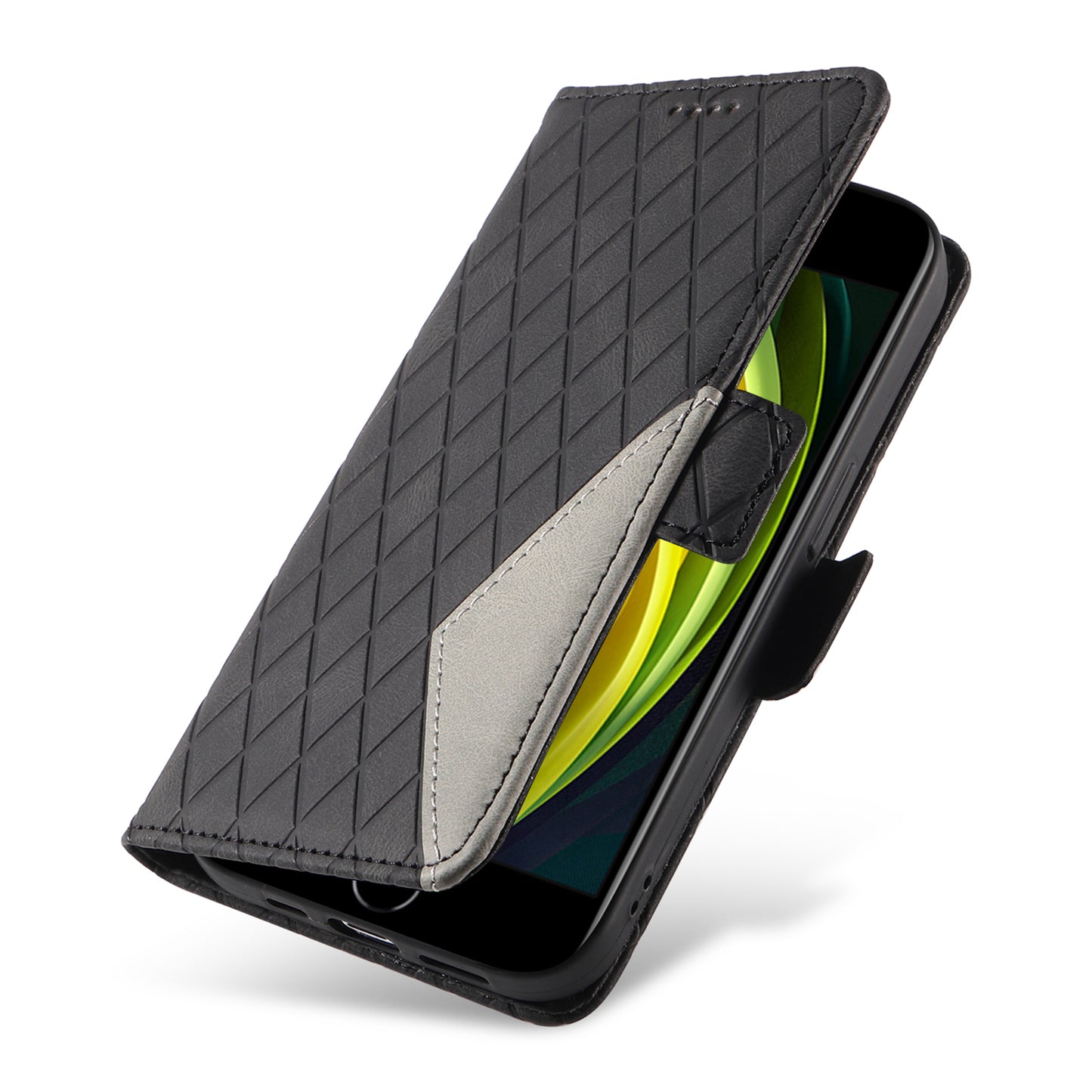 For iPhone 6 / 6s / 7 / 8 / SE (2020) / SE (2022) Rhombus Imprinted Stand Cover Color Splicing Phone Leather Wallet Case