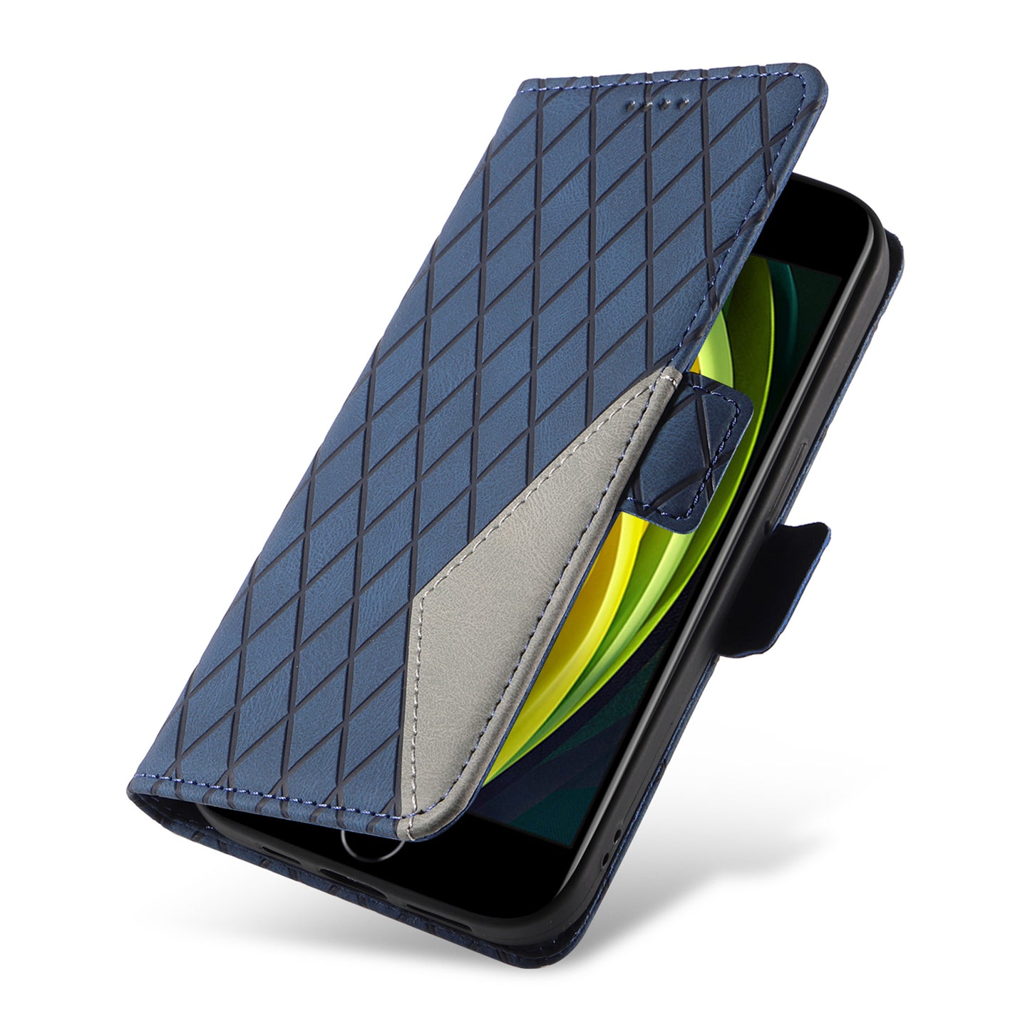 For iPhone 6 / 6s / 7 / 8 / SE (2020) / SE (2022) Rhombus Imprinted Stand Cover Color Splicing Phone Leather Wallet Case