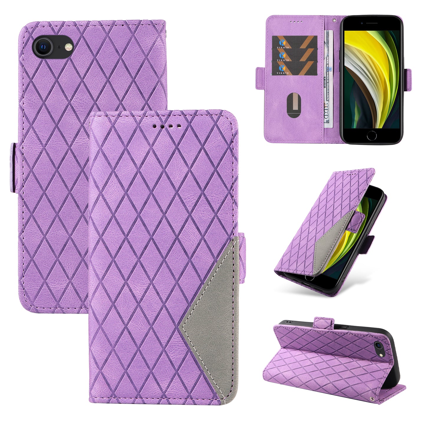 For iPhone 6 / 6s / 7 / 8 / SE (2020) / SE (2022) Rhombus Imprinted Stand Cover Color Splicing Phone Leather Wallet Case
