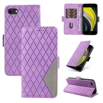 For iPhone 6 / 6s / 7 / 8 / SE (2020) / SE (2022) Rhombus Imprinted Stand Cover Color Splicing Phone Leather Wallet Case