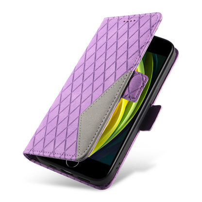 For iPhone 6 / 6s / 7 / 8 / SE (2020) / SE (2022) Rhombus Imprinted Stand Cover Color Splicing Phone Leather Wallet Case