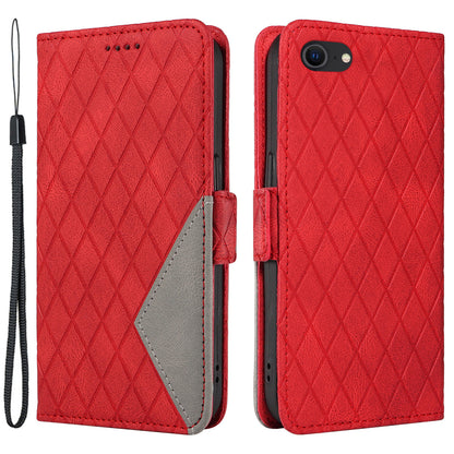 For iPhone 6 / 6s / 7 / 8 / SE (2020) / SE (2022) Rhombus Imprinted Stand Cover Color Splicing Phone Leather Wallet Case