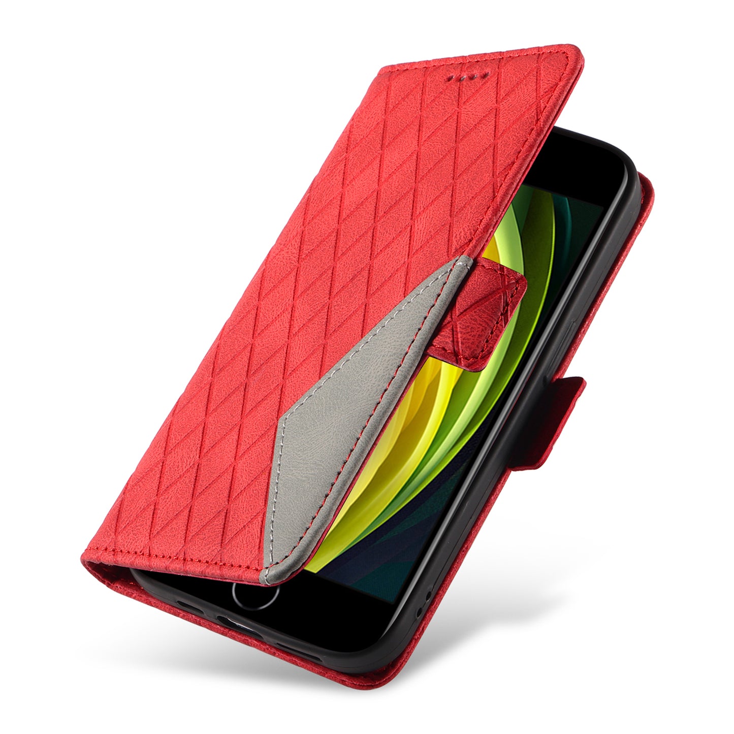 For iPhone 6 / 6s / 7 / 8 / SE (2020) / SE (2022) Rhombus Imprinted Stand Cover Color Splicing Phone Leather Wallet Case