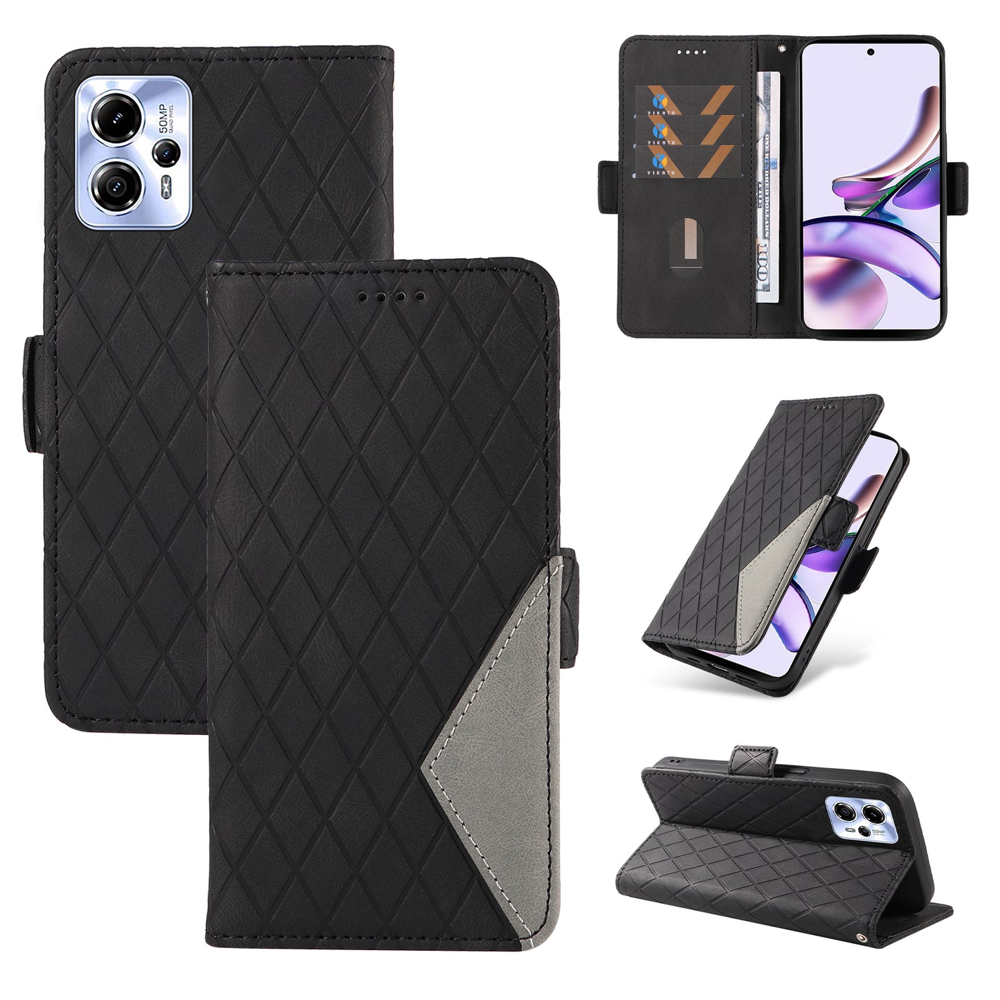 For Motorola Moto G13 4G / G23 4G / G53 5G Wallet Leather Phone Cover Stand Rhombus Imprinted Phone Case