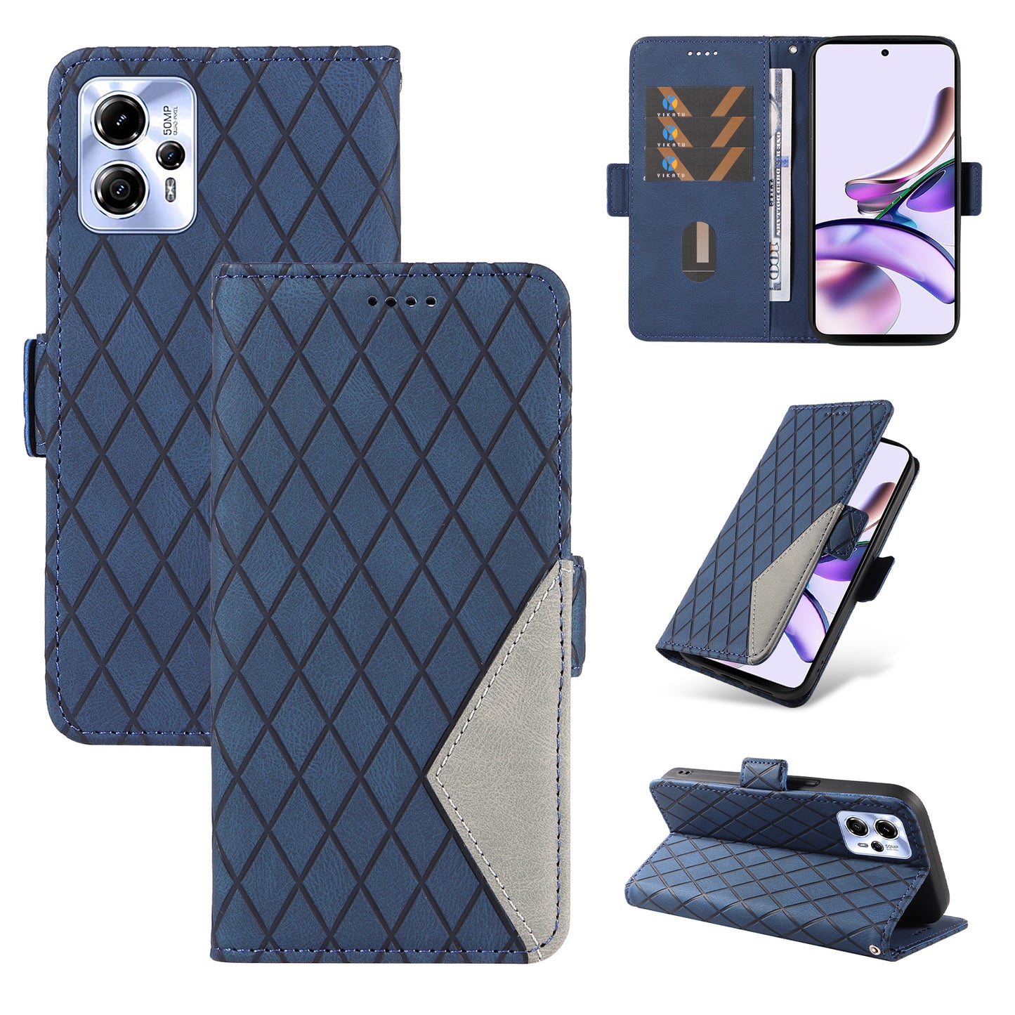 For Motorola Moto G13 4G / G23 4G / G53 5G Wallet Leather Phone Cover Stand Rhombus Imprinted Phone Case