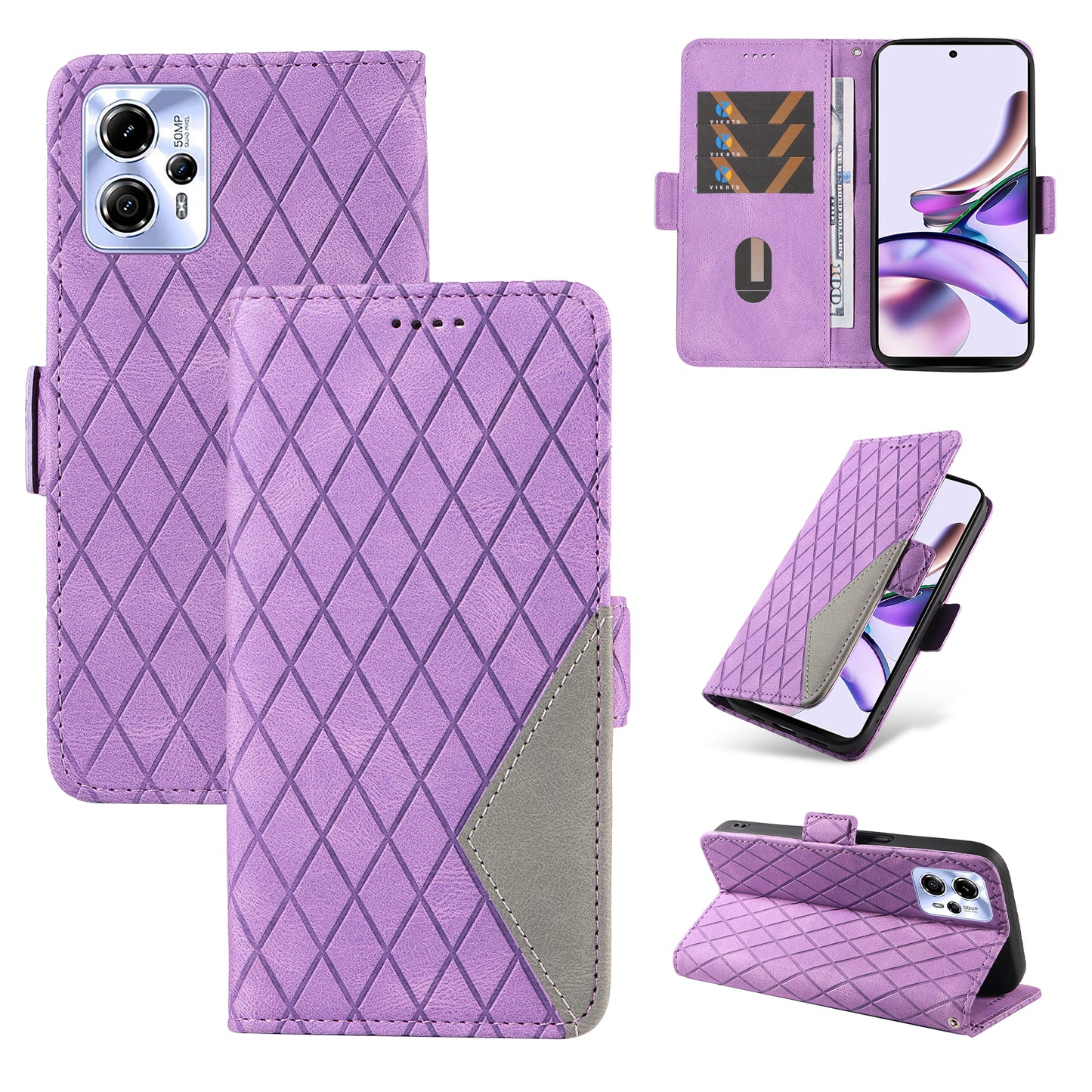 For Motorola Moto G13 4G / G23 4G / G53 5G Wallet Leather Phone Cover Stand Rhombus Imprinted Phone Case