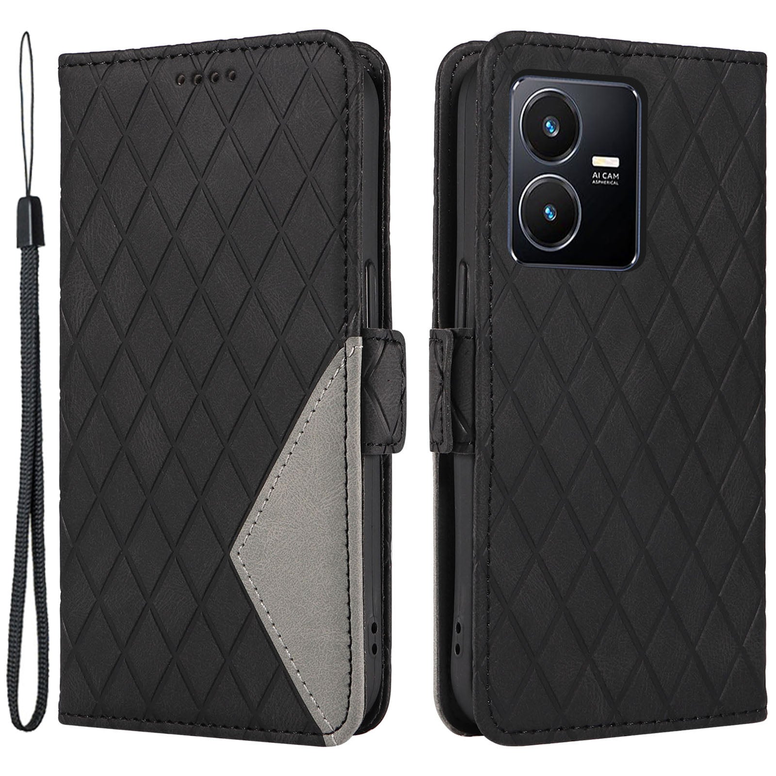 For vivo Y35 4G (2022) / Y22s 4G / Y22 4G Leather Case Stand Rhombus Imprinted Phone Wallet Cover