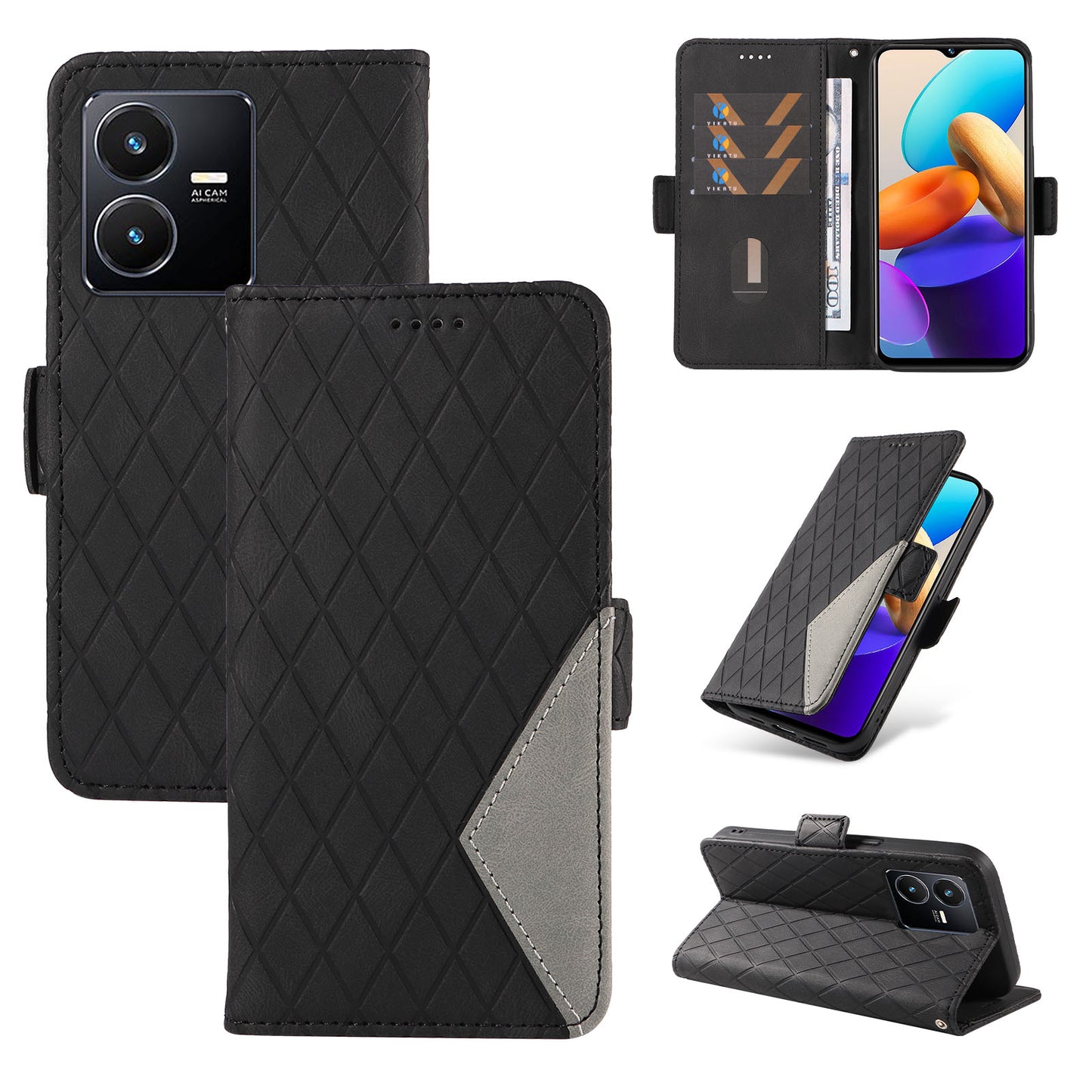 For vivo Y35 4G (2022) / Y22s 4G / Y22 4G Leather Case Stand Rhombus Imprinted Phone Wallet Cover