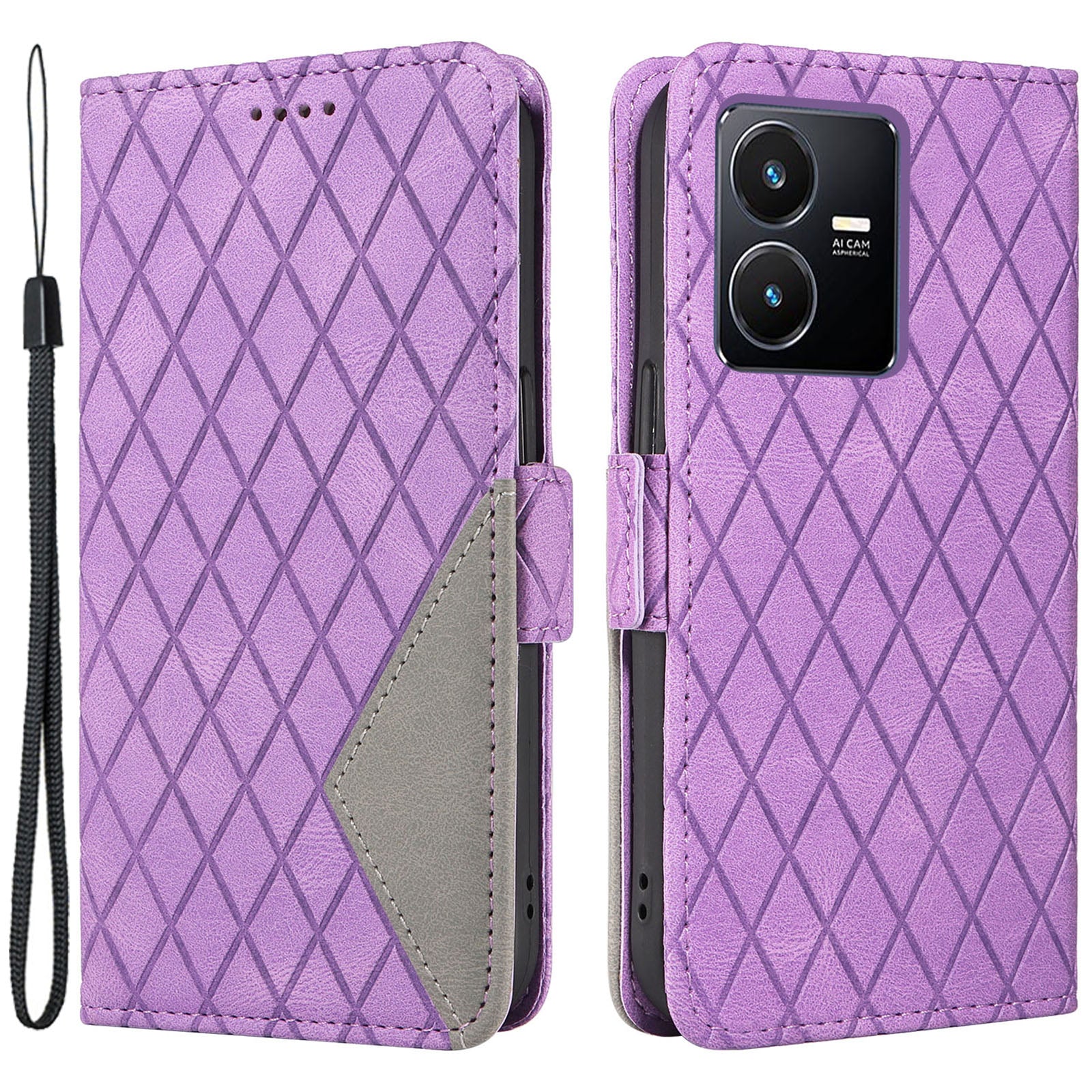 For vivo Y35 4G (2022) / Y22s 4G / Y22 4G Leather Case Stand Rhombus Imprinted Phone Wallet Cover