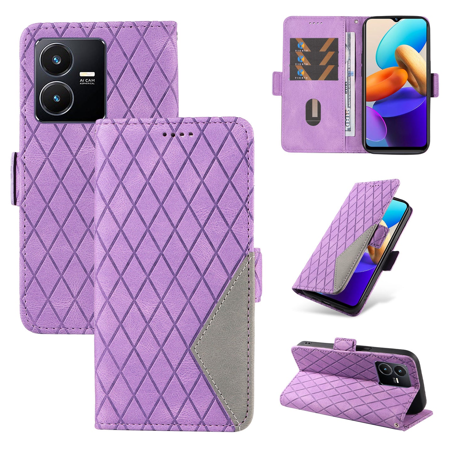 For vivo Y35 4G (2022) / Y22s 4G / Y22 4G Leather Case Stand Rhombus Imprinted Phone Wallet Cover