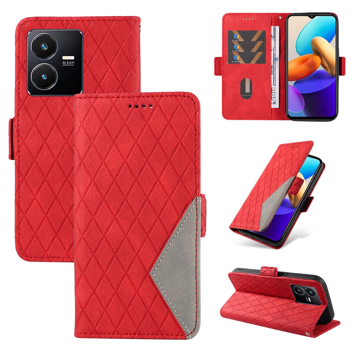 For vivo Y35 4G (2022) / Y22s 4G / Y22 4G Leather Case Stand Rhombus Imprinted Phone Wallet Cover