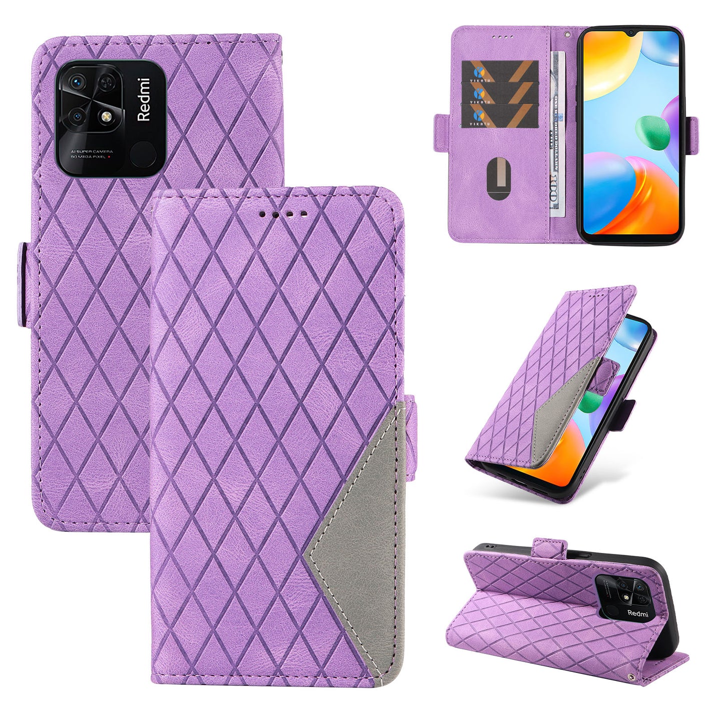 For Xiaomi Redmi 10C 4G PU Leather Case Rhombus Imprinted Phone Cover with Stand Wallet