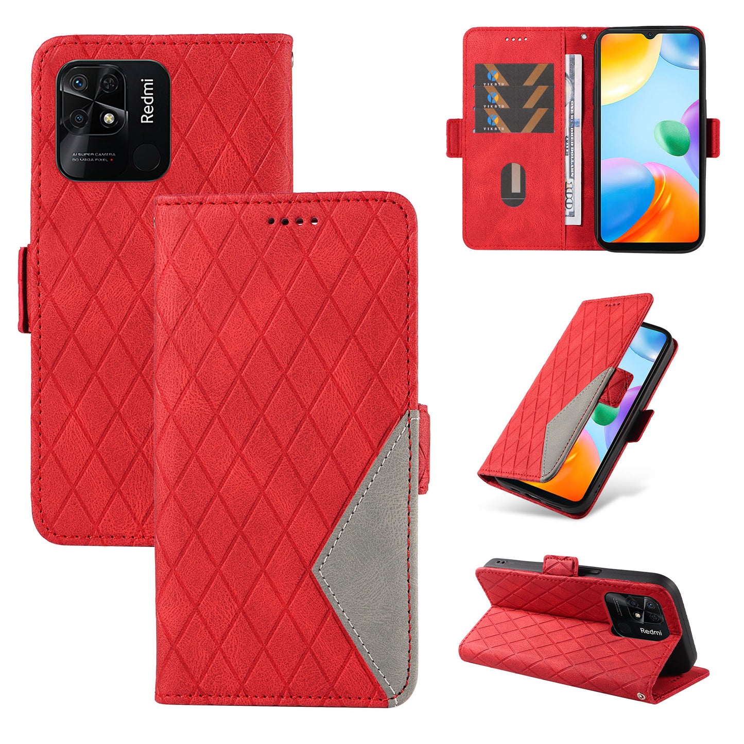 For Xiaomi Redmi 10C 4G PU Leather Case Rhombus Imprinted Phone Cover with Stand Wallet
