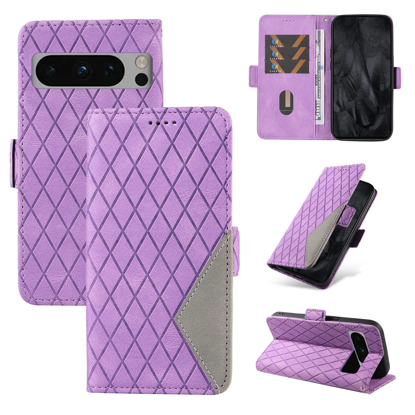 For Google Pixel 8 Pro Rhombus Imprinted Phone Case Stand Wallet Leather Phone Cover