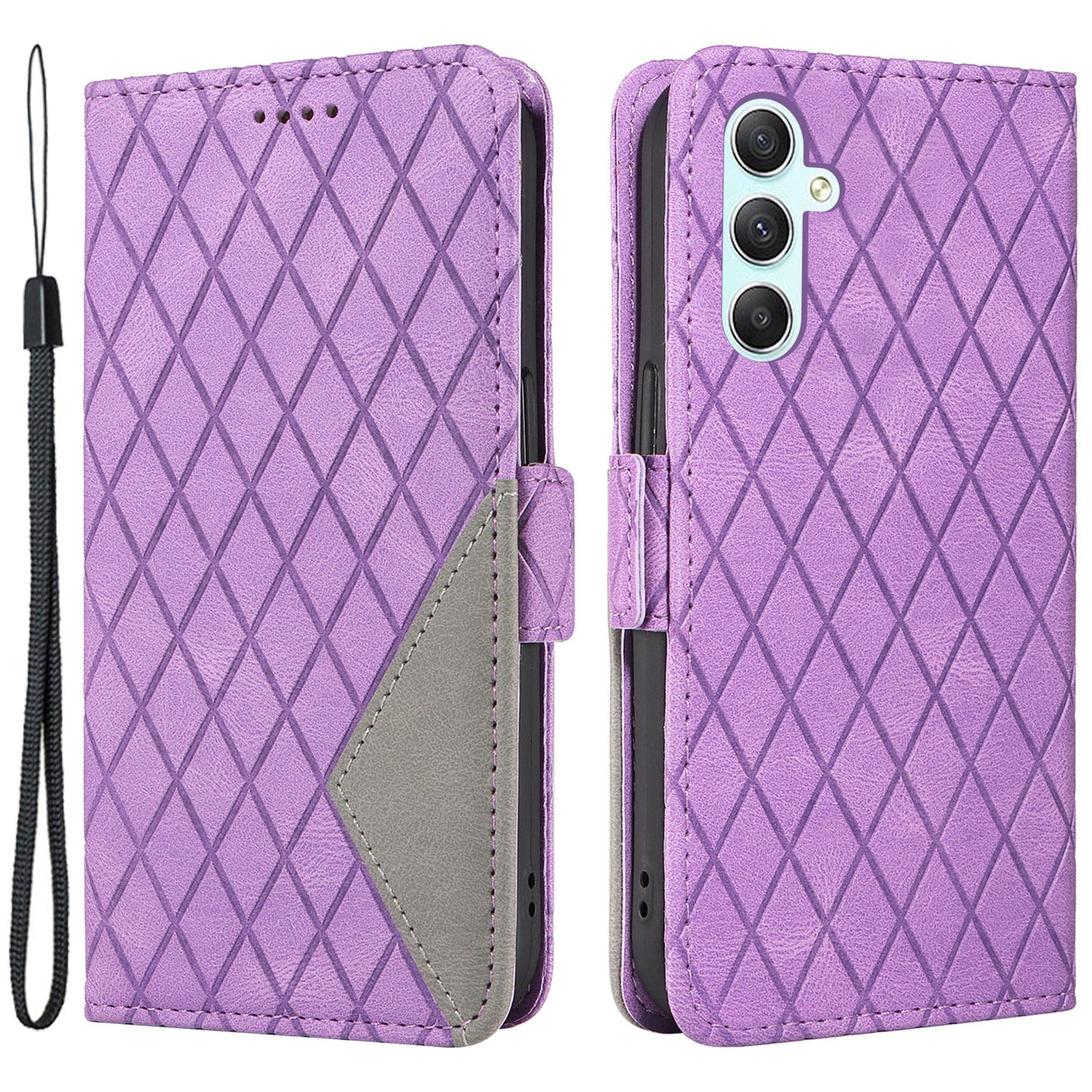 For Samsung Galaxy A34 5G Phone Stand Case Color Splicing Rhombus Imprinted PU Leather Wallet Cover