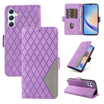 For Samsung Galaxy A34 5G Phone Stand Case Color Splicing Rhombus Imprinted PU Leather Wallet Cover