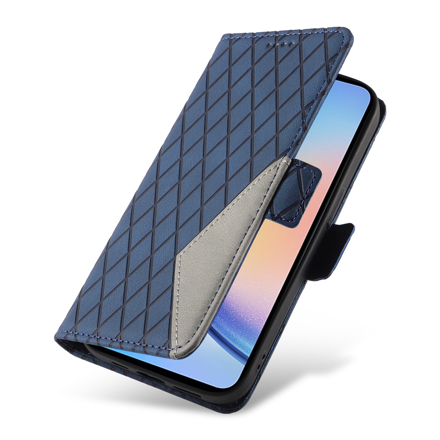 For Samsung Galaxy A34 5G Phone Stand Case Color Splicing Rhombus Imprinted PU Leather Wallet Cover