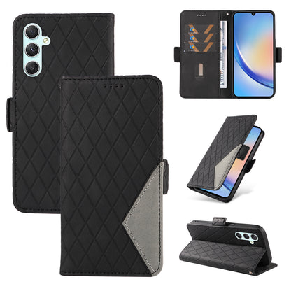 For Samsung Galaxy A34 5G Phone Stand Case Color Splicing Rhombus Imprinted PU Leather Wallet Cover