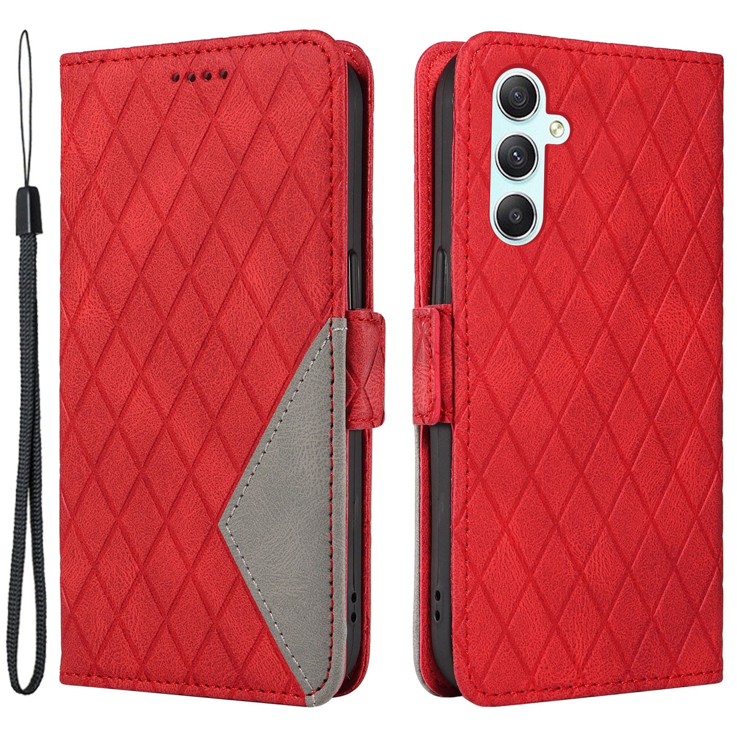 For Samsung Galaxy A34 5G Phone Stand Case Color Splicing Rhombus Imprinted PU Leather Wallet Cover