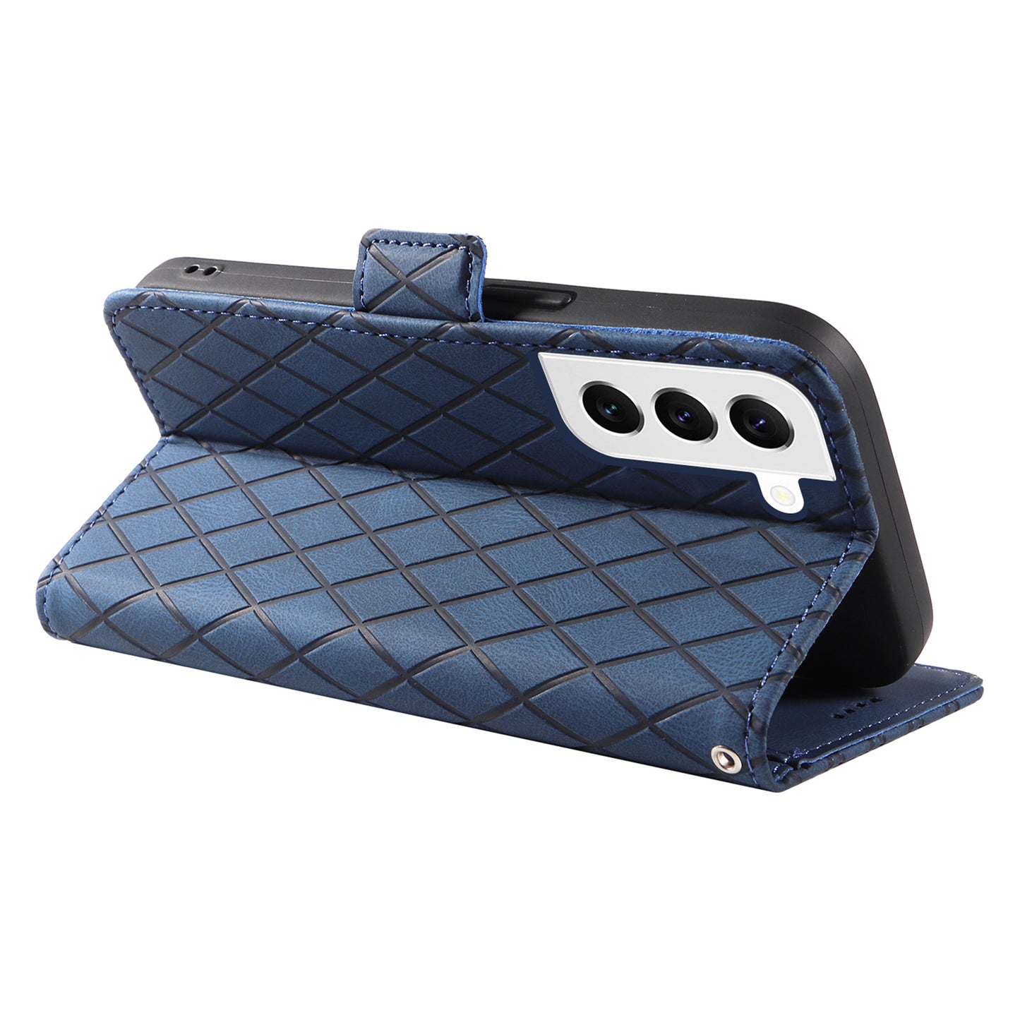 Leather Shell for Samsung Galaxy S22+ 5G Phone Case Color Splicing Rhombus Imprinted Wallet Stand Cover