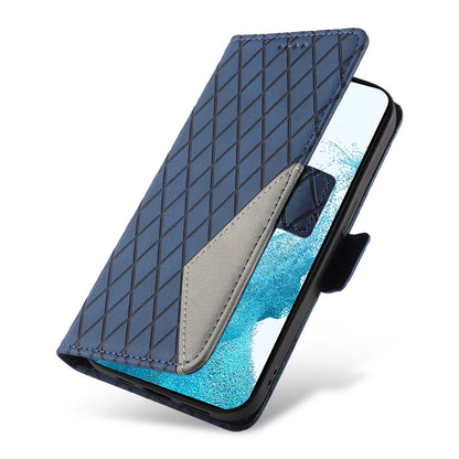 Leather Shell for Samsung Galaxy S22+ 5G Phone Case Color Splicing Rhombus Imprinted Wallet Stand Cover