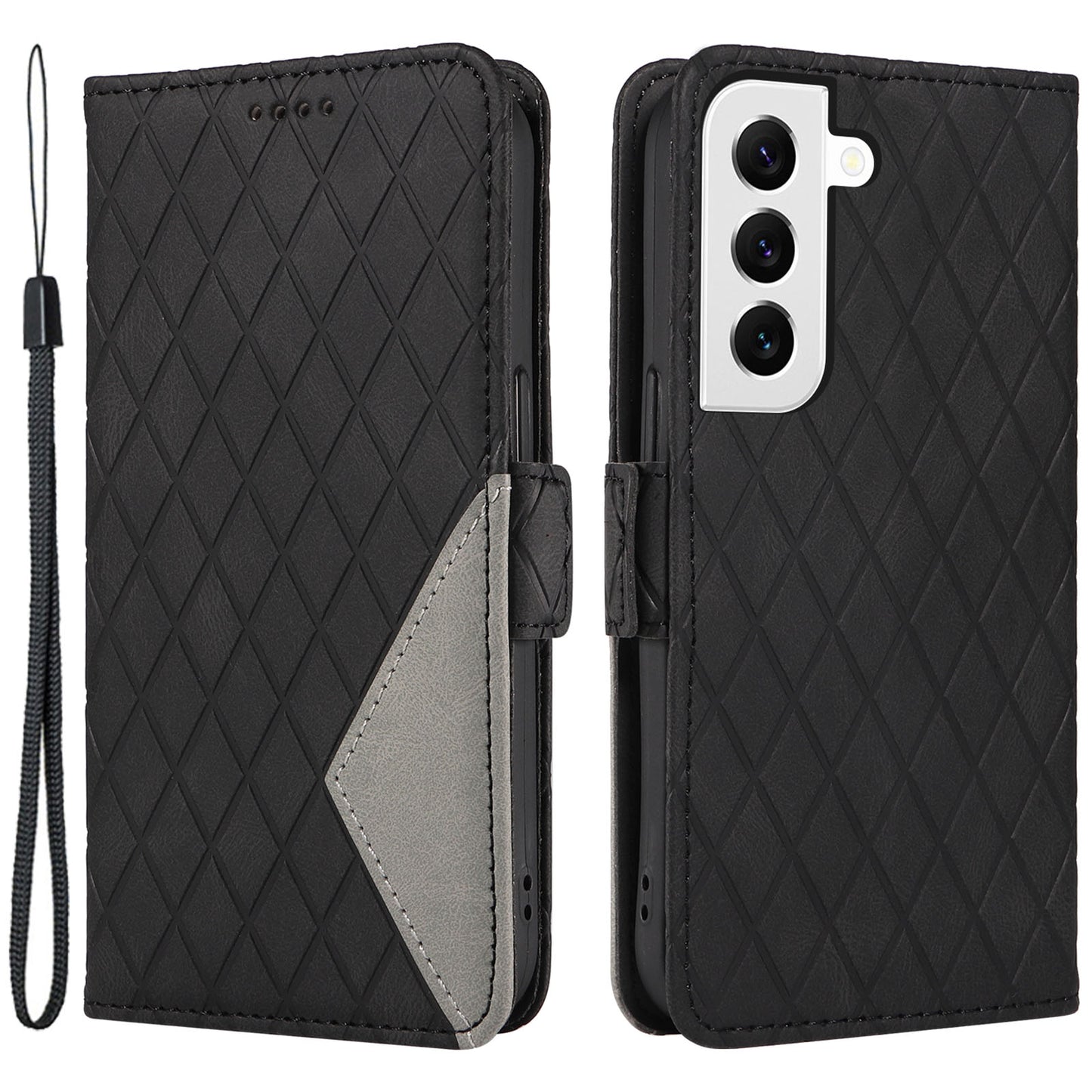 Leather Shell for Samsung Galaxy S22+ 5G Phone Case Color Splicing Rhombus Imprinted Wallet Stand Cover