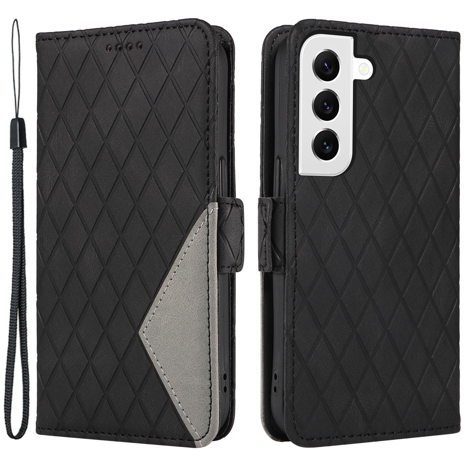 Leather Shell for Samsung Galaxy S22+ 5G Phone Case Color Splicing Rhombus Imprinted Wallet Stand Cover