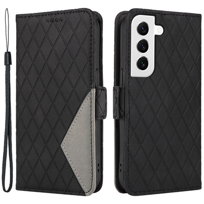 Leather Shell for Samsung Galaxy S22+ 5G Phone Case Color Splicing Rhombus Imprinted Wallet Stand Cover