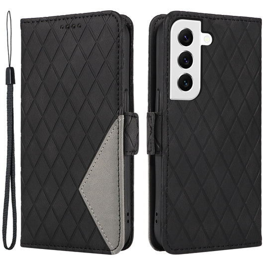 Leather Shell for Samsung Galaxy S22+ 5G Phone Case Color Splicing Rhombus Imprinted Wallet Stand Cover