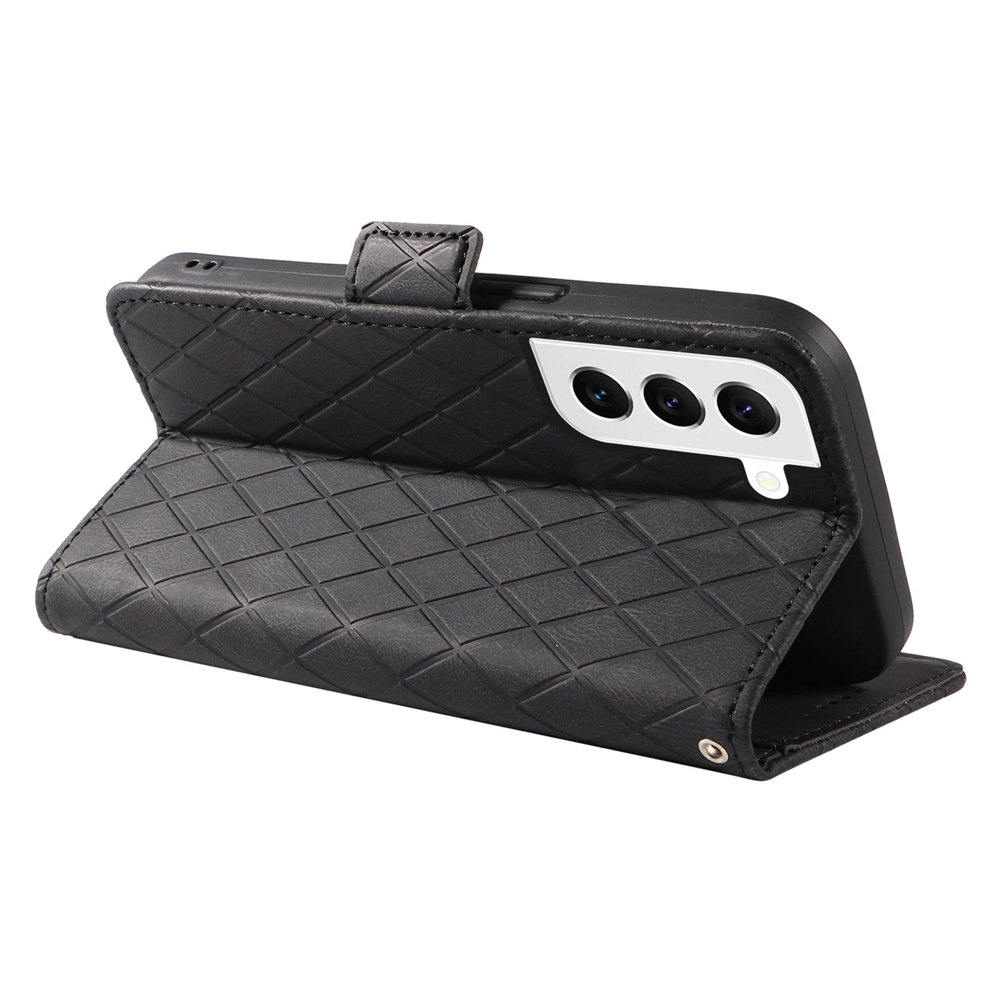 Leather Shell for Samsung Galaxy S22+ 5G Phone Case Color Splicing Rhombus Imprinted Wallet Stand Cover