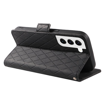 Leather Shell for Samsung Galaxy S22+ 5G Phone Case Color Splicing Rhombus Imprinted Wallet Stand Cover