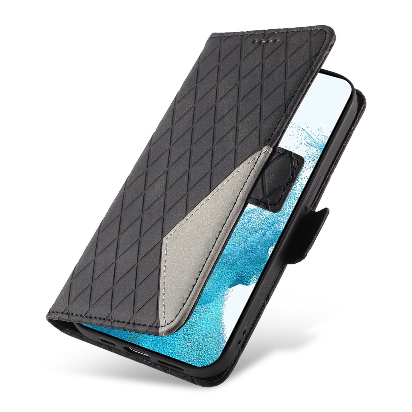 Leather Shell for Samsung Galaxy S22+ 5G Phone Case Color Splicing Rhombus Imprinted Wallet Stand Cover