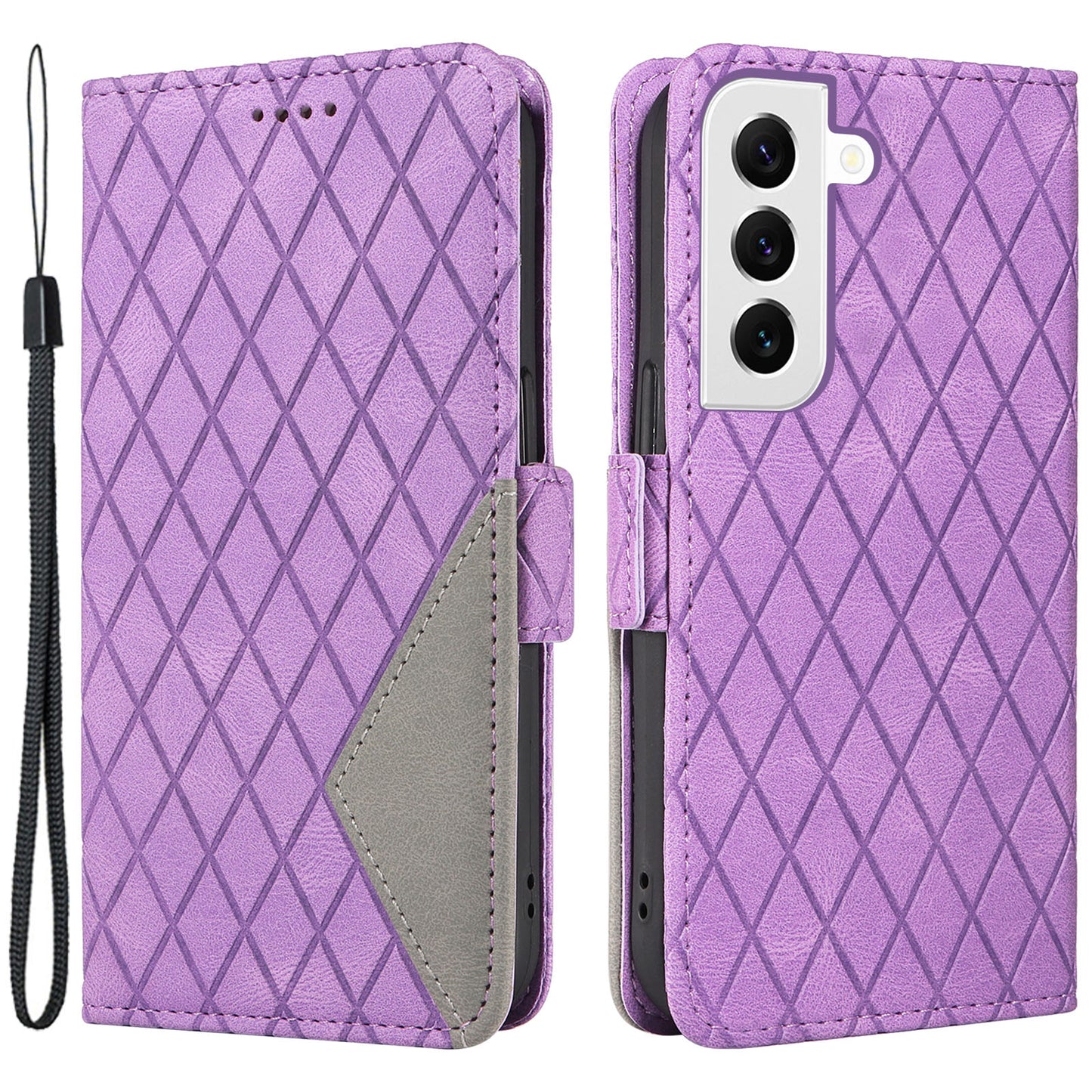 Leather Shell for Samsung Galaxy S22+ 5G Phone Case Color Splicing Rhombus Imprinted Wallet Stand Cover