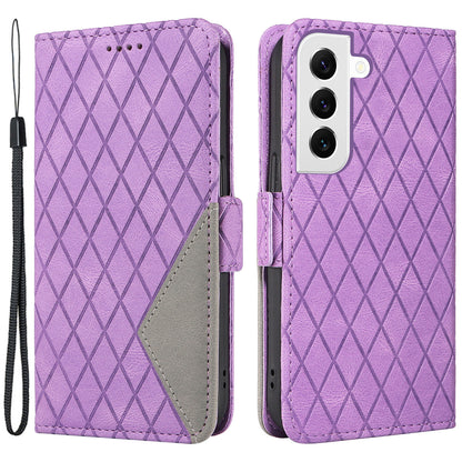 Leather Shell for Samsung Galaxy S22+ 5G Phone Case Color Splicing Rhombus Imprinted Wallet Stand Cover