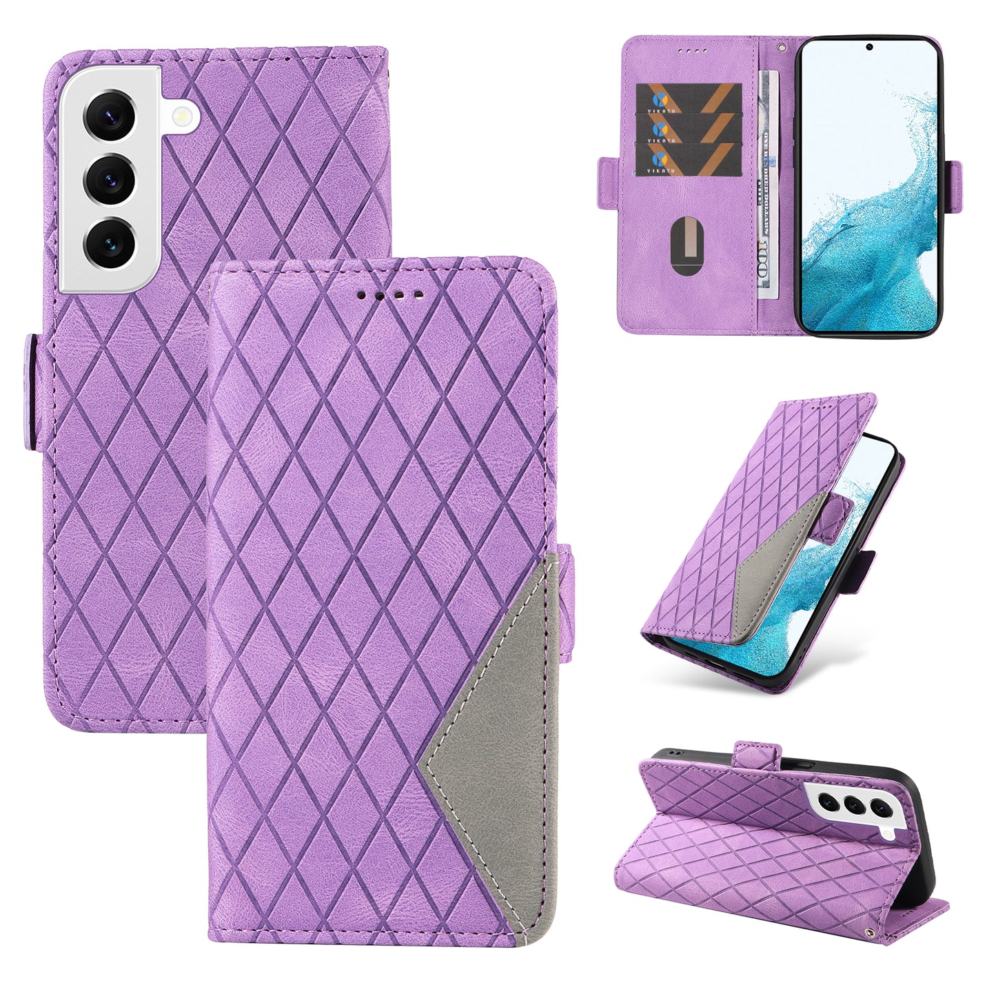 Leather Shell for Samsung Galaxy S22+ 5G Phone Case Color Splicing Rhombus Imprinted Wallet Stand Cover