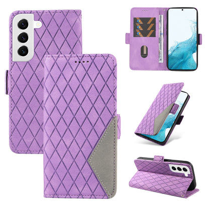 Leather Shell for Samsung Galaxy S22+ 5G Phone Case Color Splicing Rhombus Imprinted Wallet Stand Cover