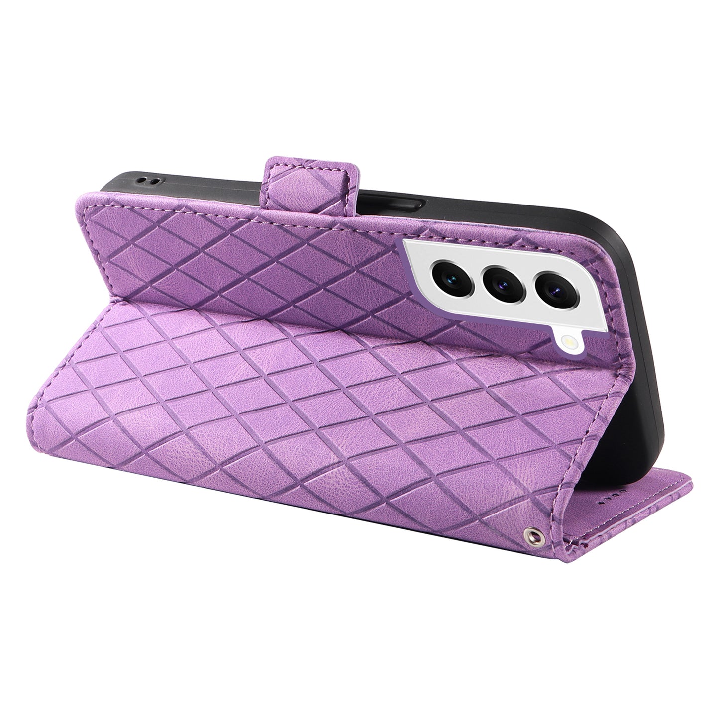 Leather Shell for Samsung Galaxy S22+ 5G Phone Case Color Splicing Rhombus Imprinted Wallet Stand Cover