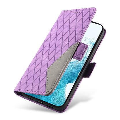 Leather Shell for Samsung Galaxy S22+ 5G Phone Case Color Splicing Rhombus Imprinted Wallet Stand Cover