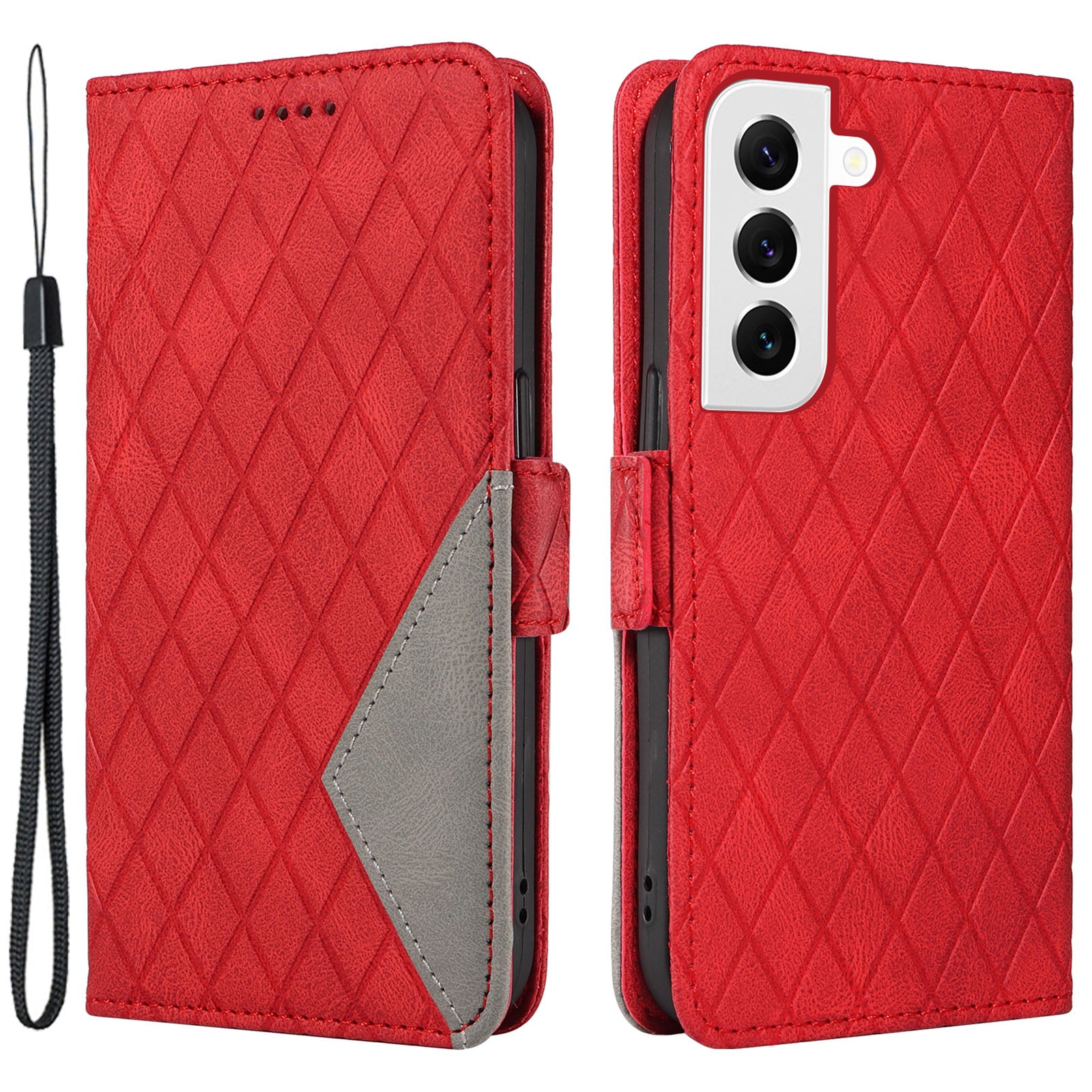 Leather Shell for Samsung Galaxy S22+ 5G Phone Case Color Splicing Rhombus Imprinted Wallet Stand Cover