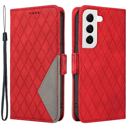 Leather Shell for Samsung Galaxy S22+ 5G Phone Case Color Splicing Rhombus Imprinted Wallet Stand Cover